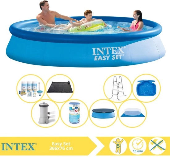 Piscina Easy Set - Piscina Inflabile - 366x76 cm - Incluso Copertura, Kit di Manutenzione, Filtro, Copertura del Terreno, Mat Matita Solare, Trappola e Bagno per i Piedi