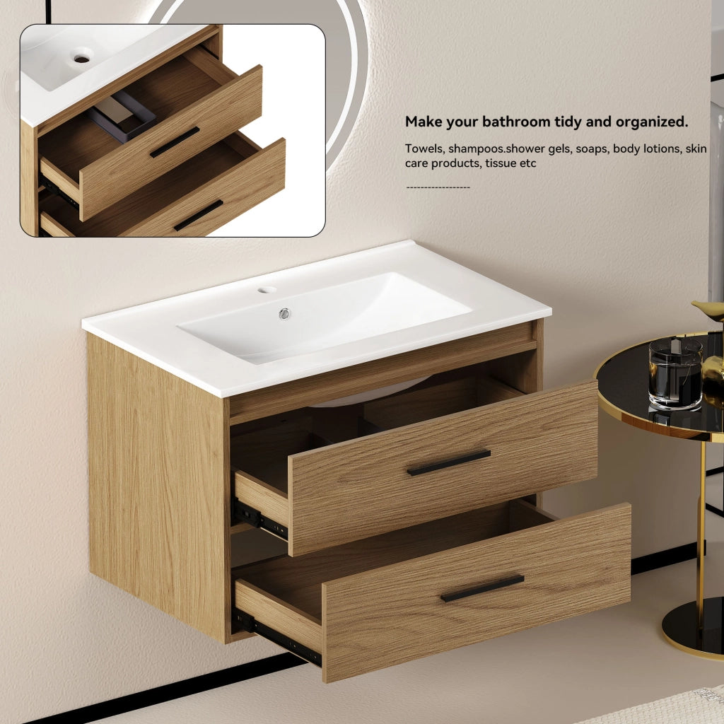 Armadietto da bagno con 2 cassetti in MDF e ceramica rovere chiaro larghezza 75 cm