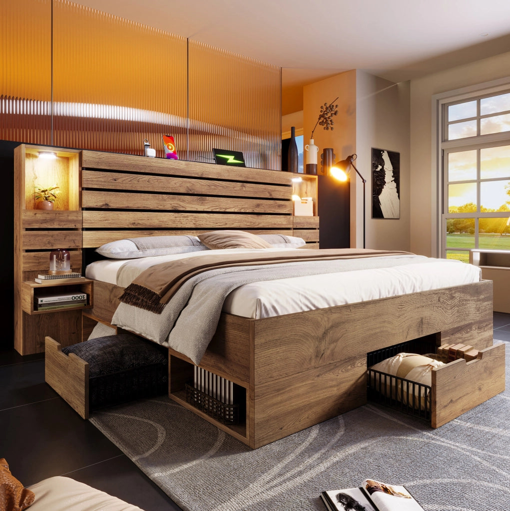 Letto matrimoniale 180x200 cm con LED, USB-C e cassetti contenitivi