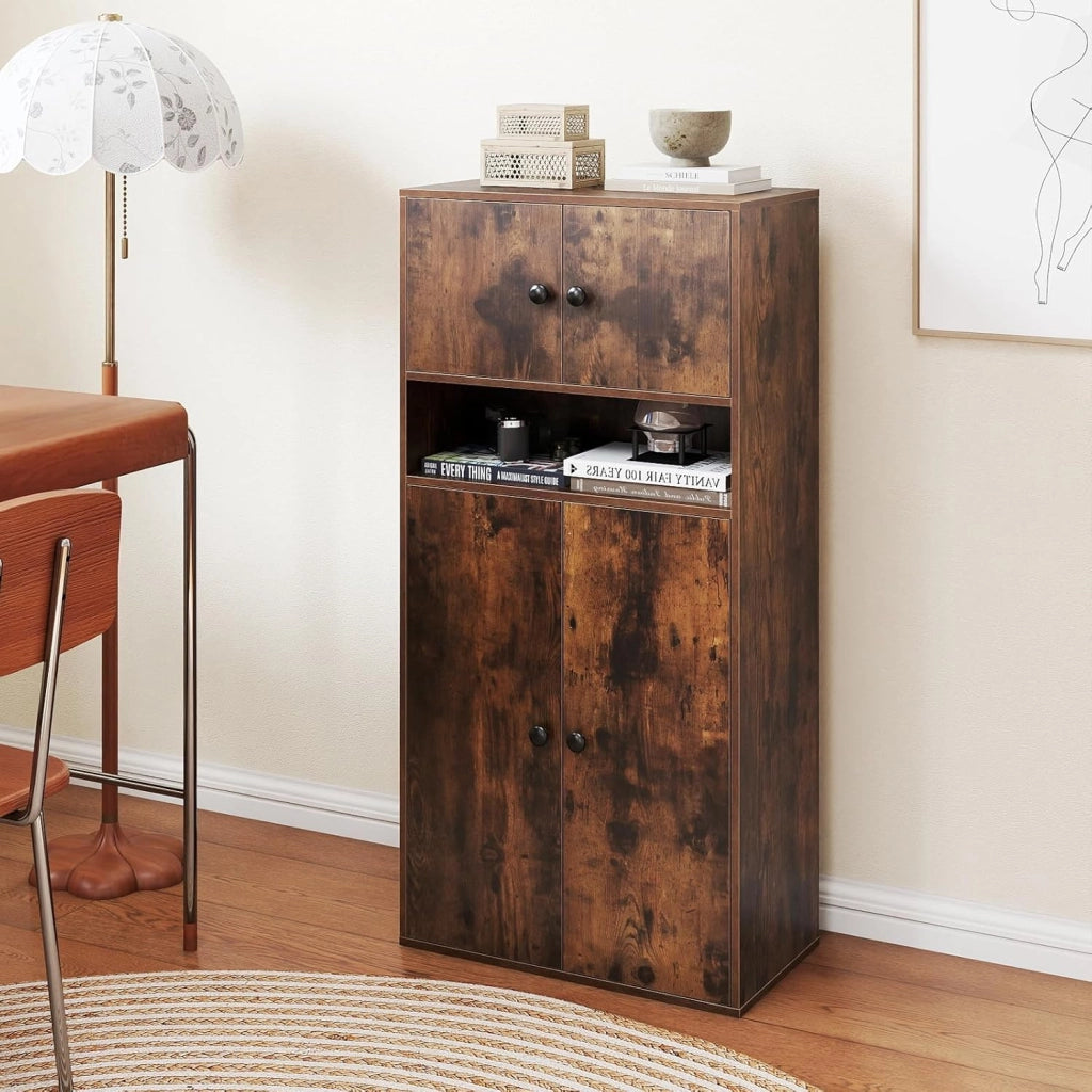 Libreria con 4 Ante, Armadio Alto a 4 Ripiani con Mensola Regolabile e 2 Kit Anti-Ribaltamento, Organizzatore per Casa Ufficio, 54 x 30 x 111 cm (Marrone)