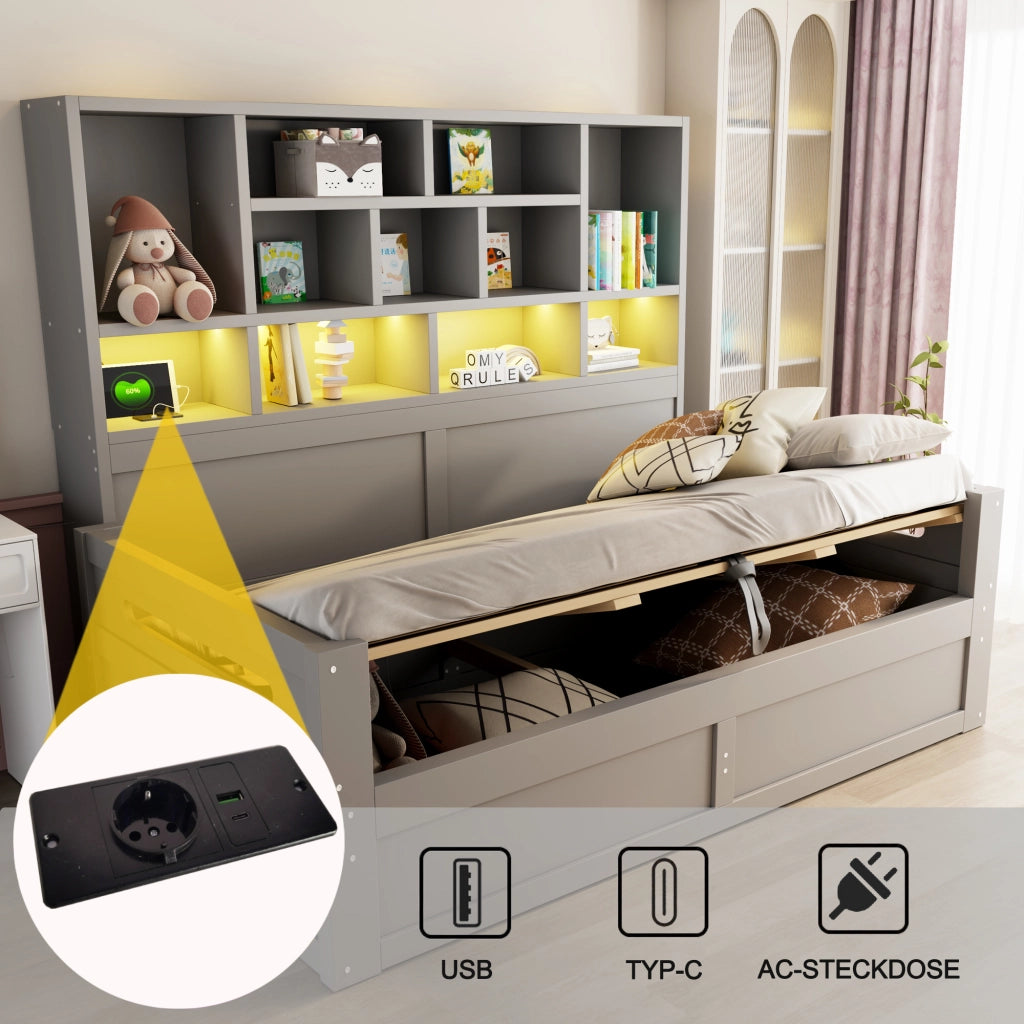 Letto contenitore 90x200 cm con sollevamento idraulico; LED; USB e ripiani portaoggetti; MDF grigio