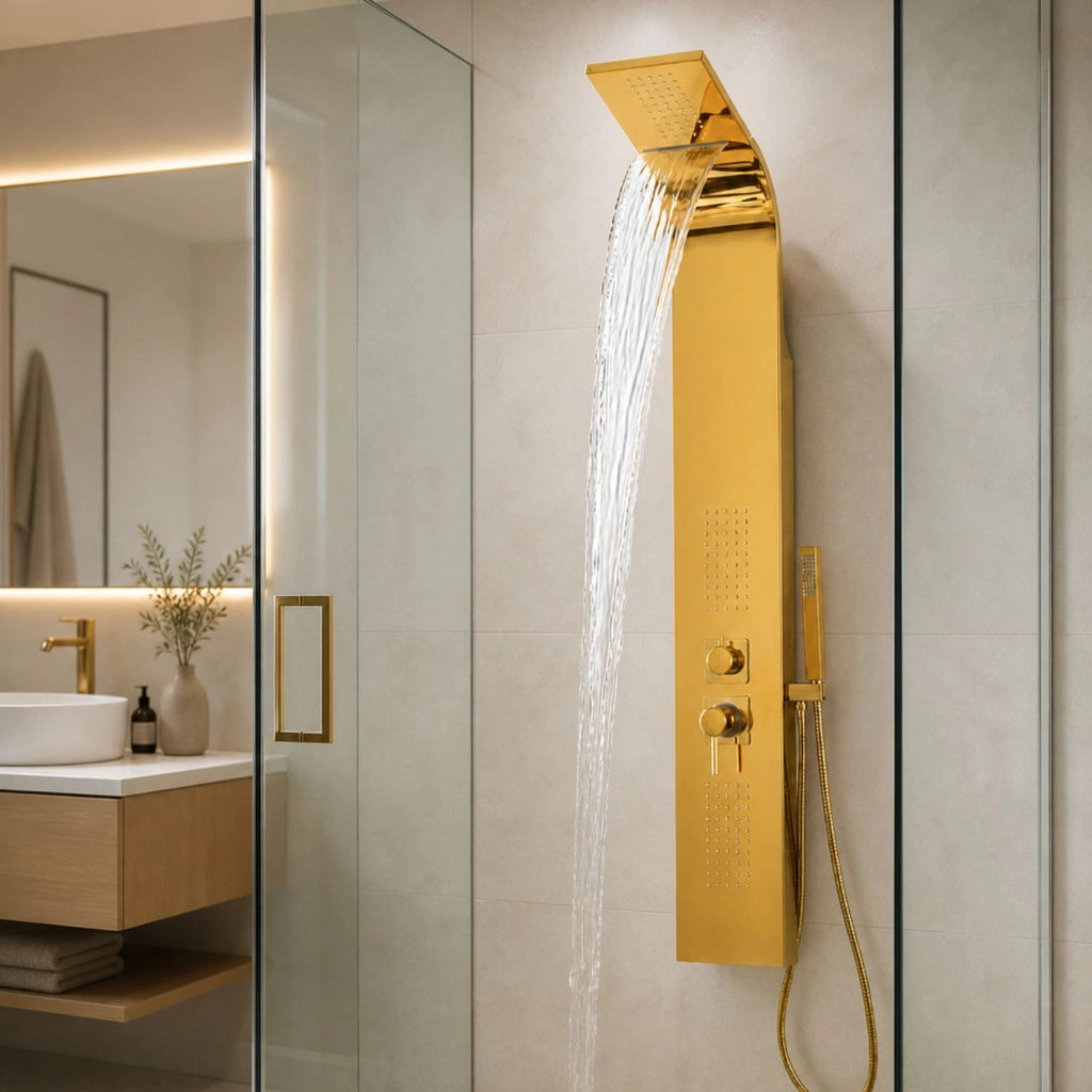 Colonna doccia attrezzata flower oro in acciaio gold con cascata h150xl20xp44 *** confezione 1