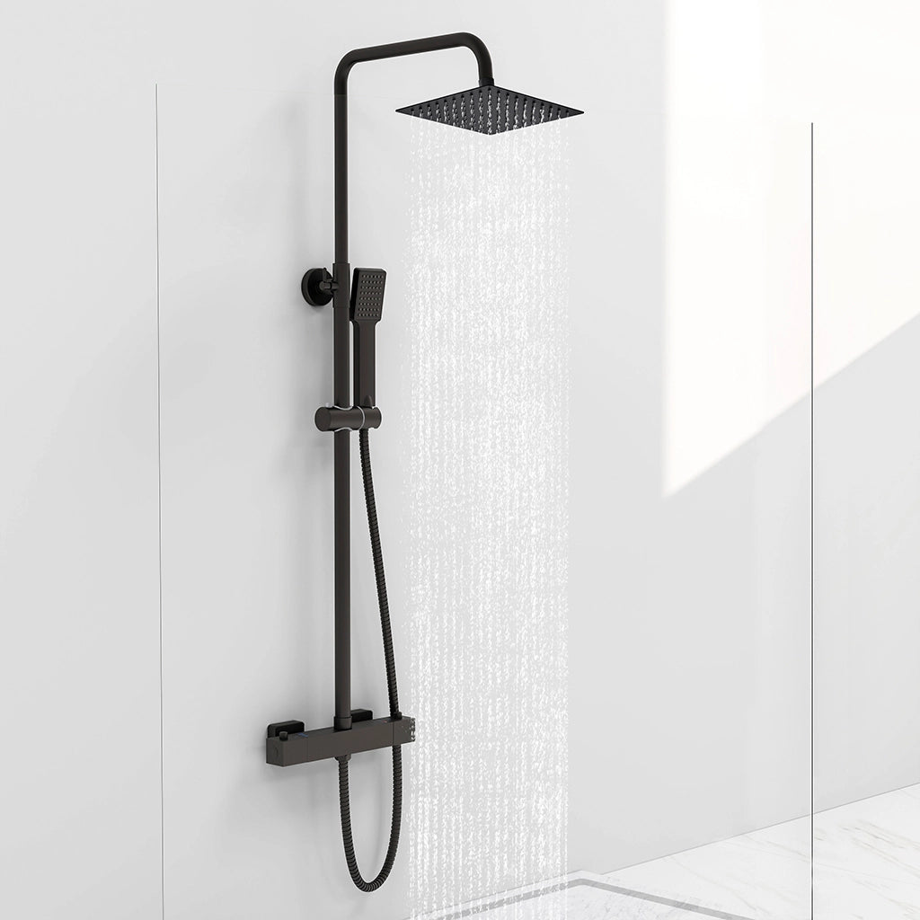 AICAIT Colonna doccia rotonda nera con rubinetto termostatico rettangolare, sistema doccia a 38℃ antiscottature