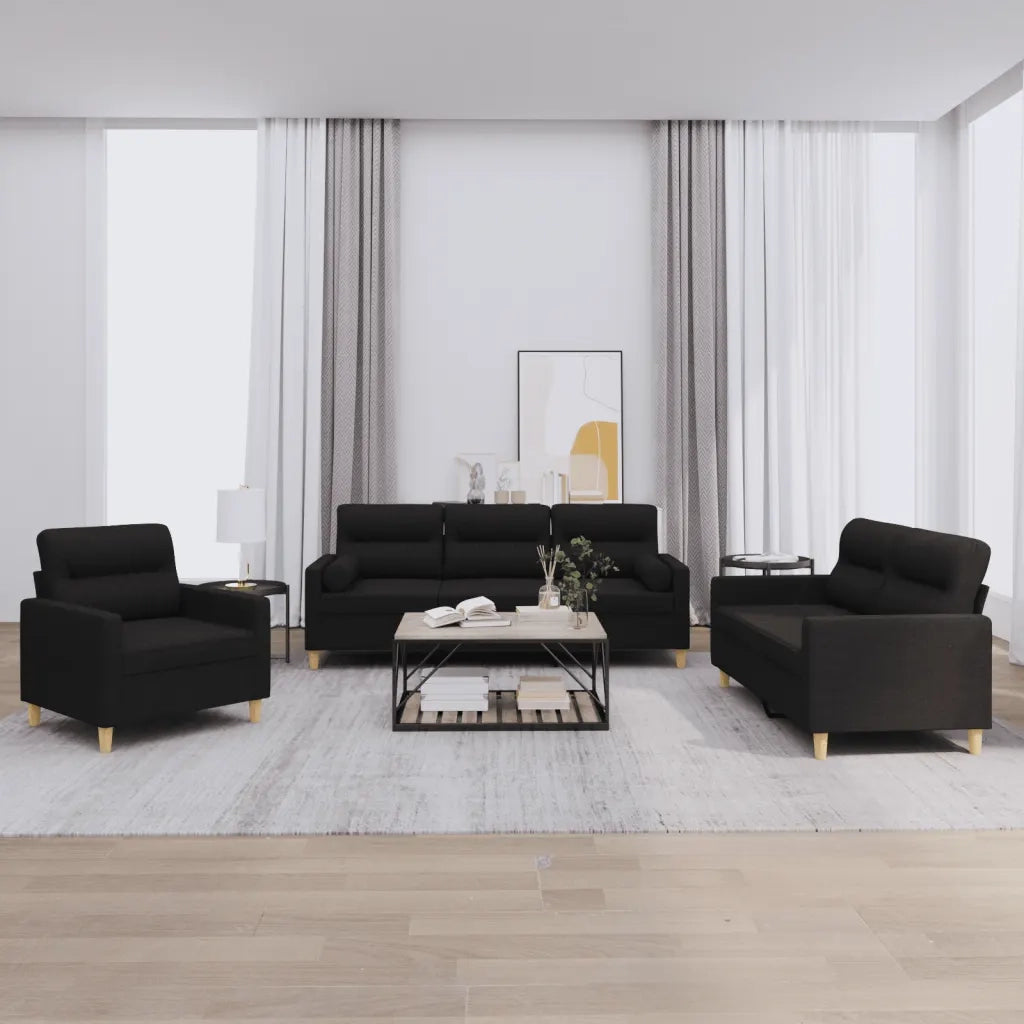 Set Divani 3 pz con Cuscini Nero in Tessuto 3201556