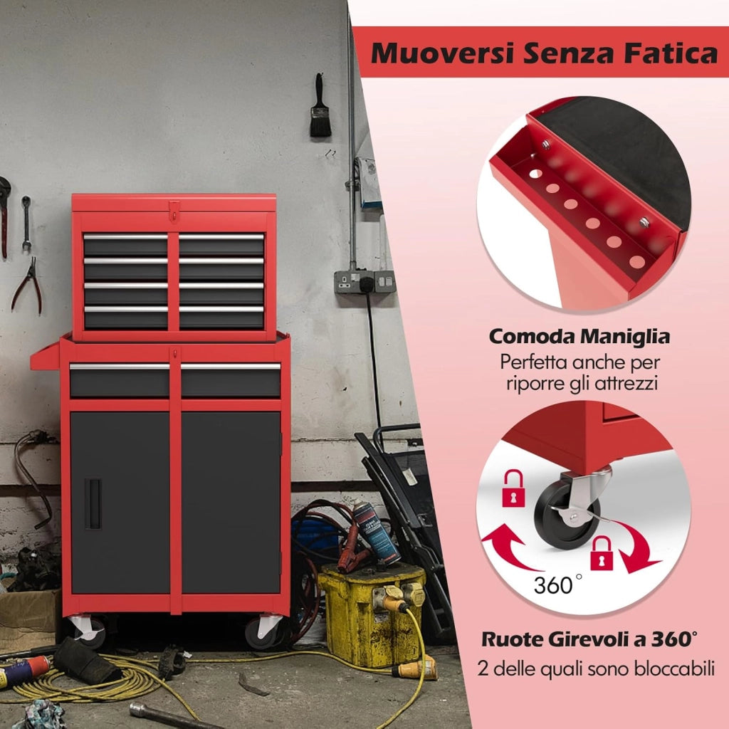 Cassettiera Portautensili a 4 Cassetti, Carrello per Attrezzi con Ruote Bloccabili Ripiano Regolabile e Rivestimento Antiscivolo, 59 x 28 x 102 cm (Nero + Rosso)