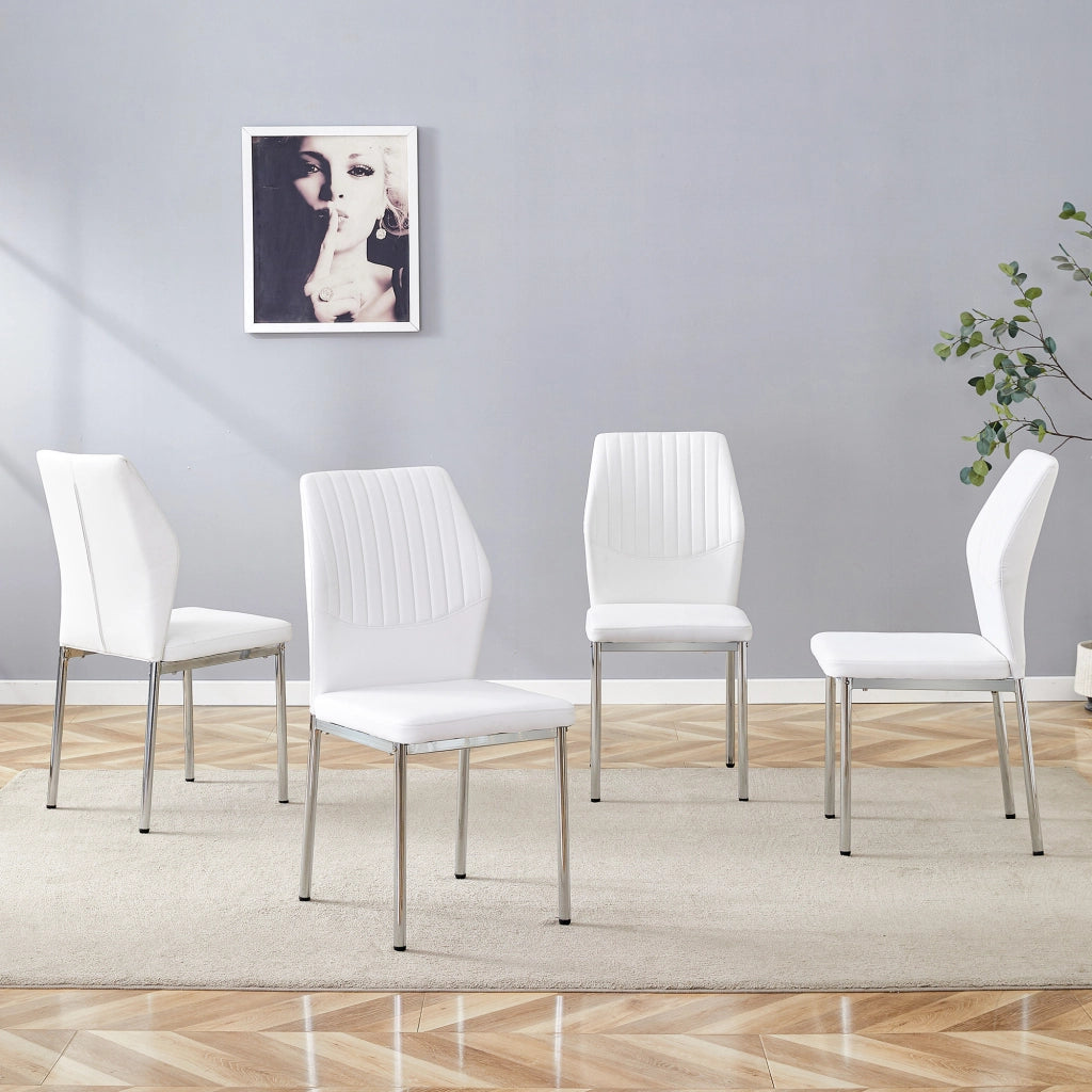 Chaise da sala da pranzo in pu con schienale a coste e gambe in metallo, set da 4, bianco argento per soggiorno