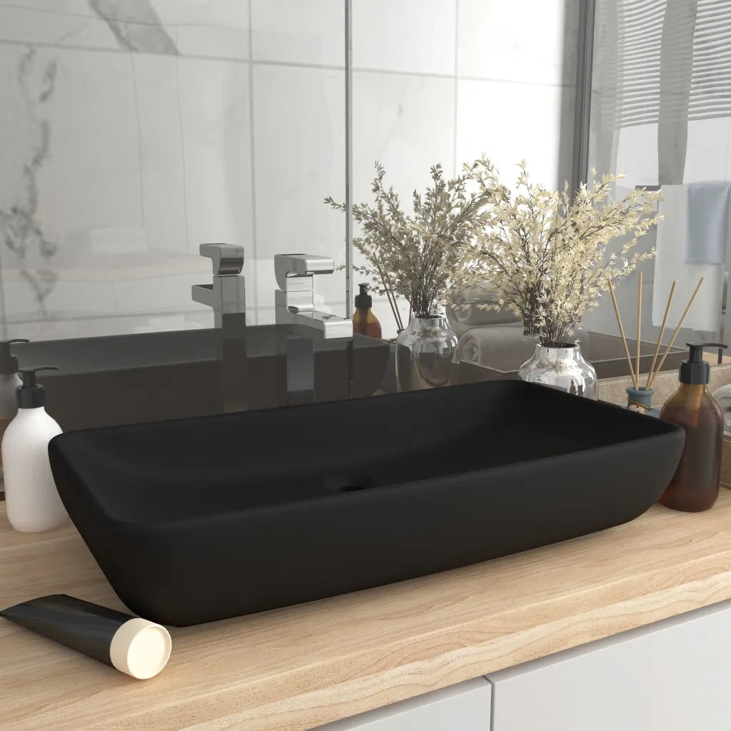 Lavandino Lusso Rettangolare Nero Opaco 71x38 cm in Ceramica CFW2719847