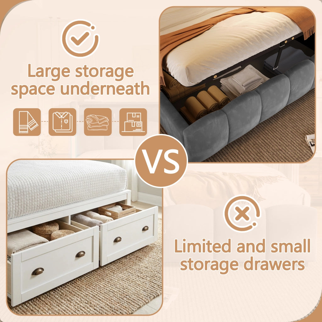 DESMIU Letto 180 × 200 cm 2 posti con LED, vano contenitore testiera, USB e Type-C, senza materasso, in velluto, grigio