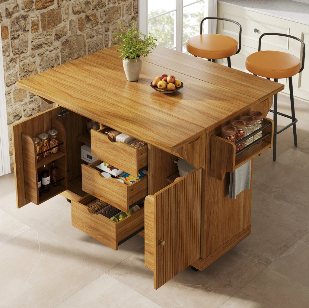 Isola cucina mobile con piani ribaltabili e 3 cassetti marrone