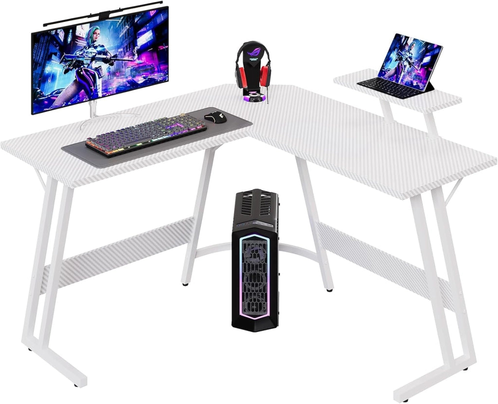 Scrivania per Computer 120 x 120 cm con Supporto per Schermo, Tavolo per Computer Ad Angolo, A Forma Di L, per Studiare, Giocare E Lavorare, In Carbonio Bianco