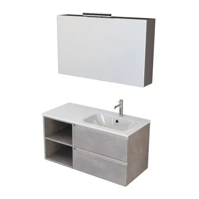 Mobile bagno sospeso 100 cm grigio cemento con cassetti e vani a giorno completo di lavabo a destra e specchio contenitore Master