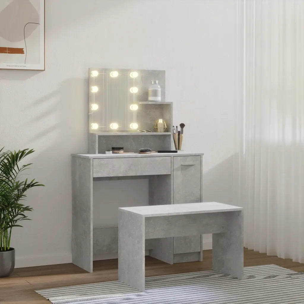 Set Tavolo da Toeletta | Tavolo da Trucco Grigio Cemento con LED Legno Multistrato