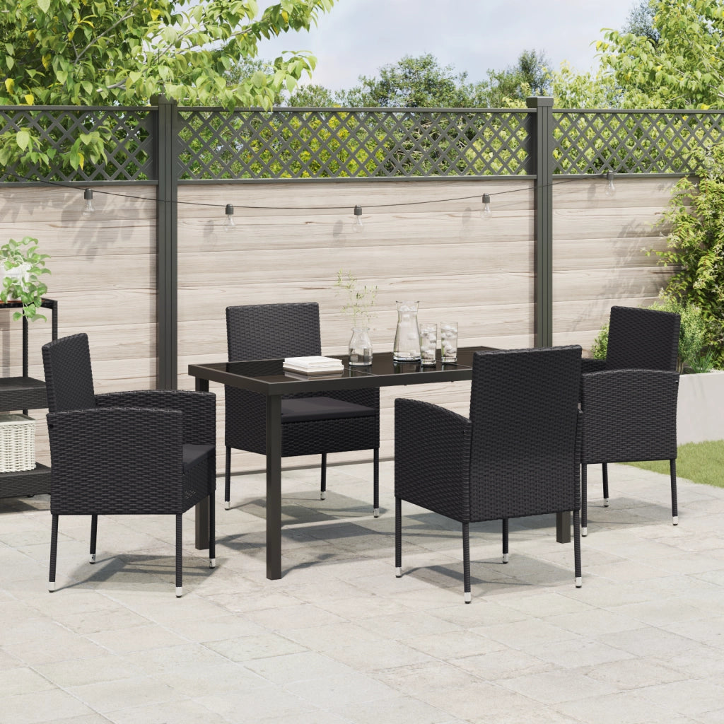 Set da Pranzo da Giardino 5 Pezzi con Cuscini Neri in Polyrattan