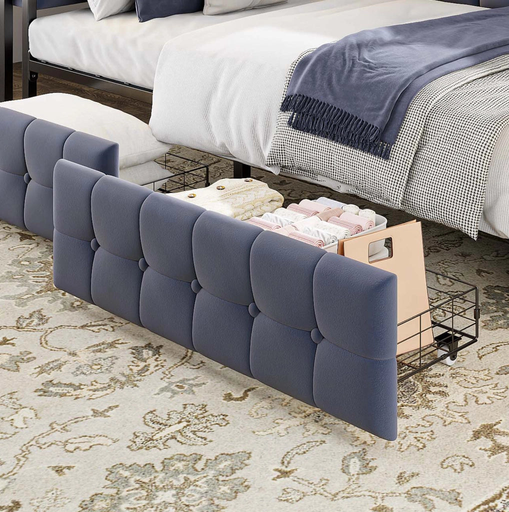 Divano letto imbottito 90x200 con LED, 2 cassetti e presa USB/Type-C