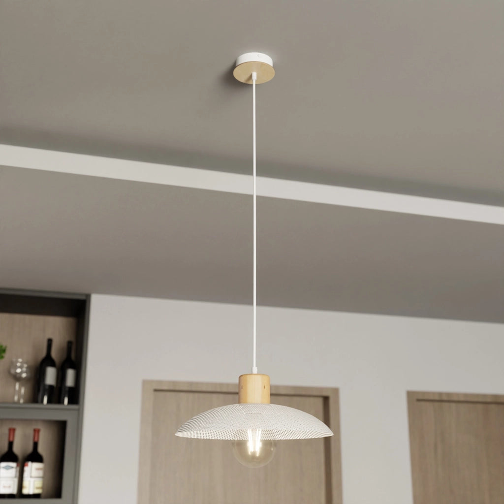 Sospensione Nordica Ishtar 1 Luce In Legno E Acciaio Bianco