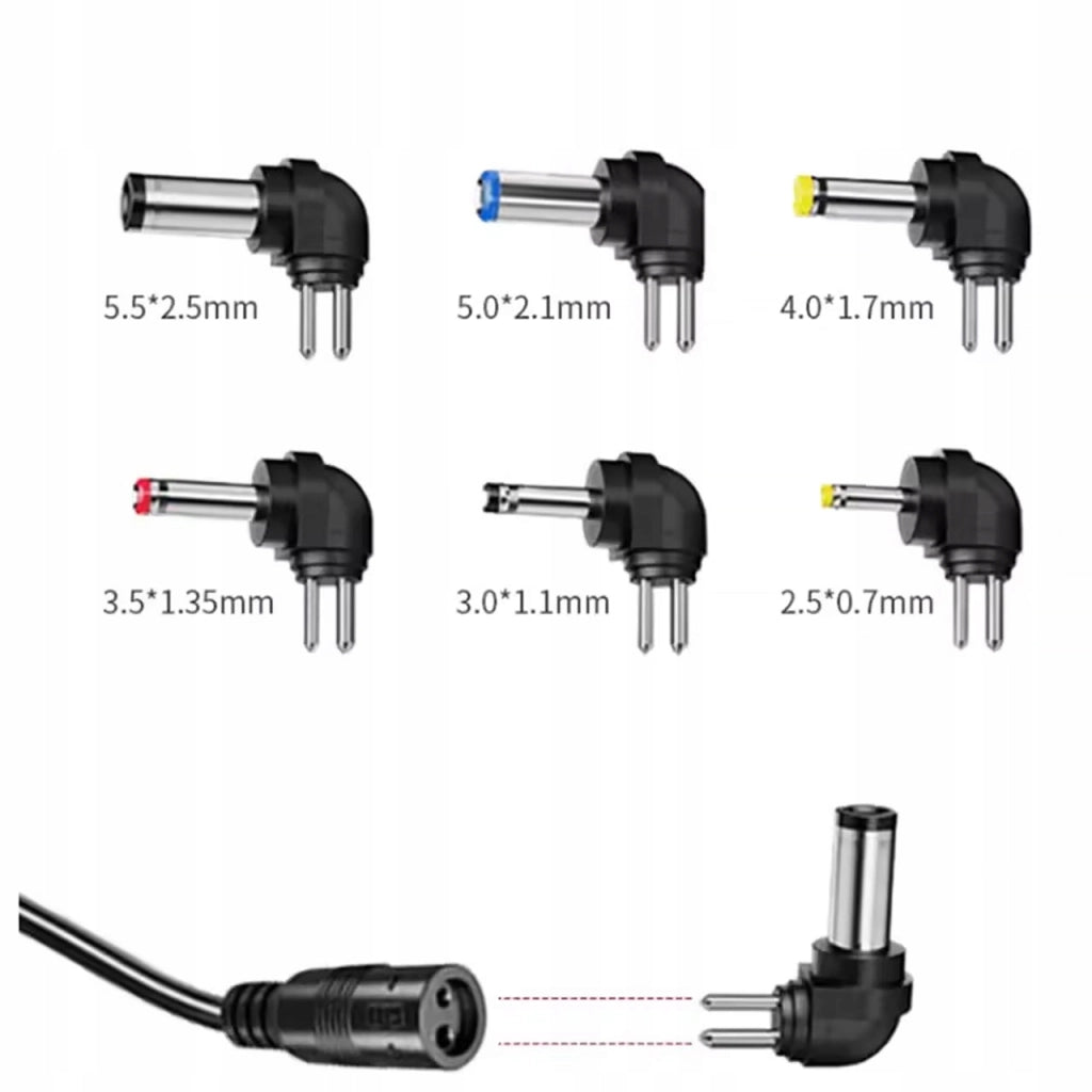 Alimentatore Universale DC 30W – Regolabile 3–12V, 1.2A | 6 Connettori Elbow, USB | Compatto, Certificato CE, FCC, RoHS