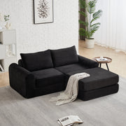 Divano letto modulare con pouf rimovibile e braccioli curvi, configurazione flessibile in velluto a coste nero