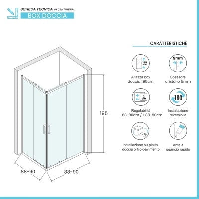 Box doccia angolare 90x90 cm doppio scorrevole vetro stampato Tay