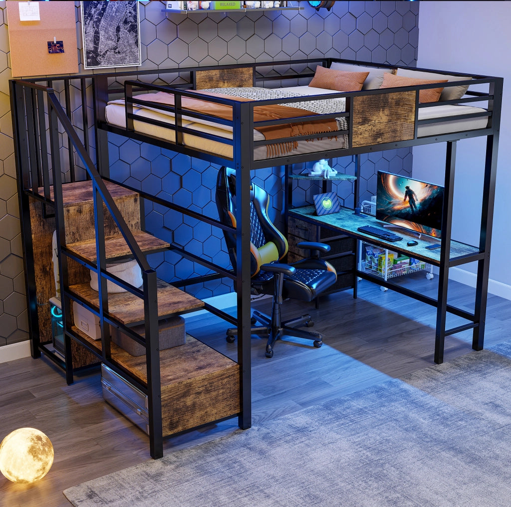 Letto a soppalco 140x200 con scrivania, ripiani, barra appendiabiti, LED e presa