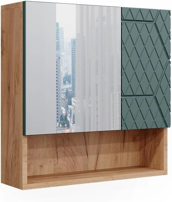 Specchio contenitore bagno Irma, Verde salvia, 54 x 55 cm, per montaggio a parete con specchio e vani a giorno