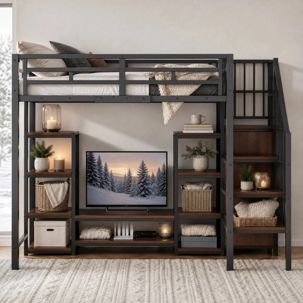 Letto a soppalco 90x200 cm con supporto TV; presa integrata e scala portaoggetti; nero