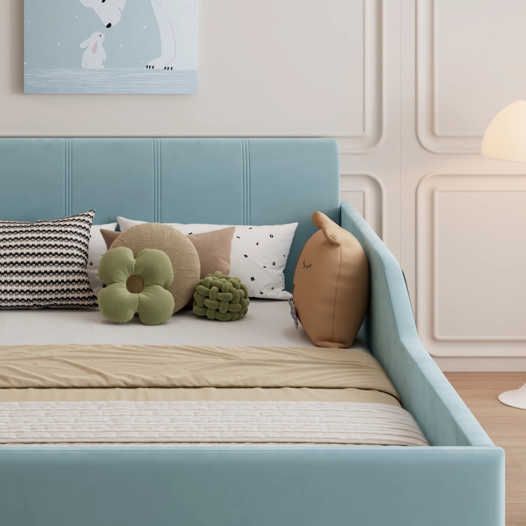 Letto imbottito blu 140x200 cm con scrivania laterale, sgabello e ripiani
