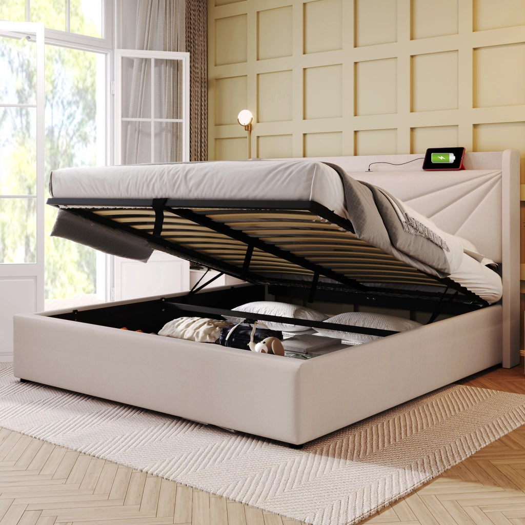 LETTO matrimoniale contenitore 180x200 cm beige in cotone lino con USB Type-C