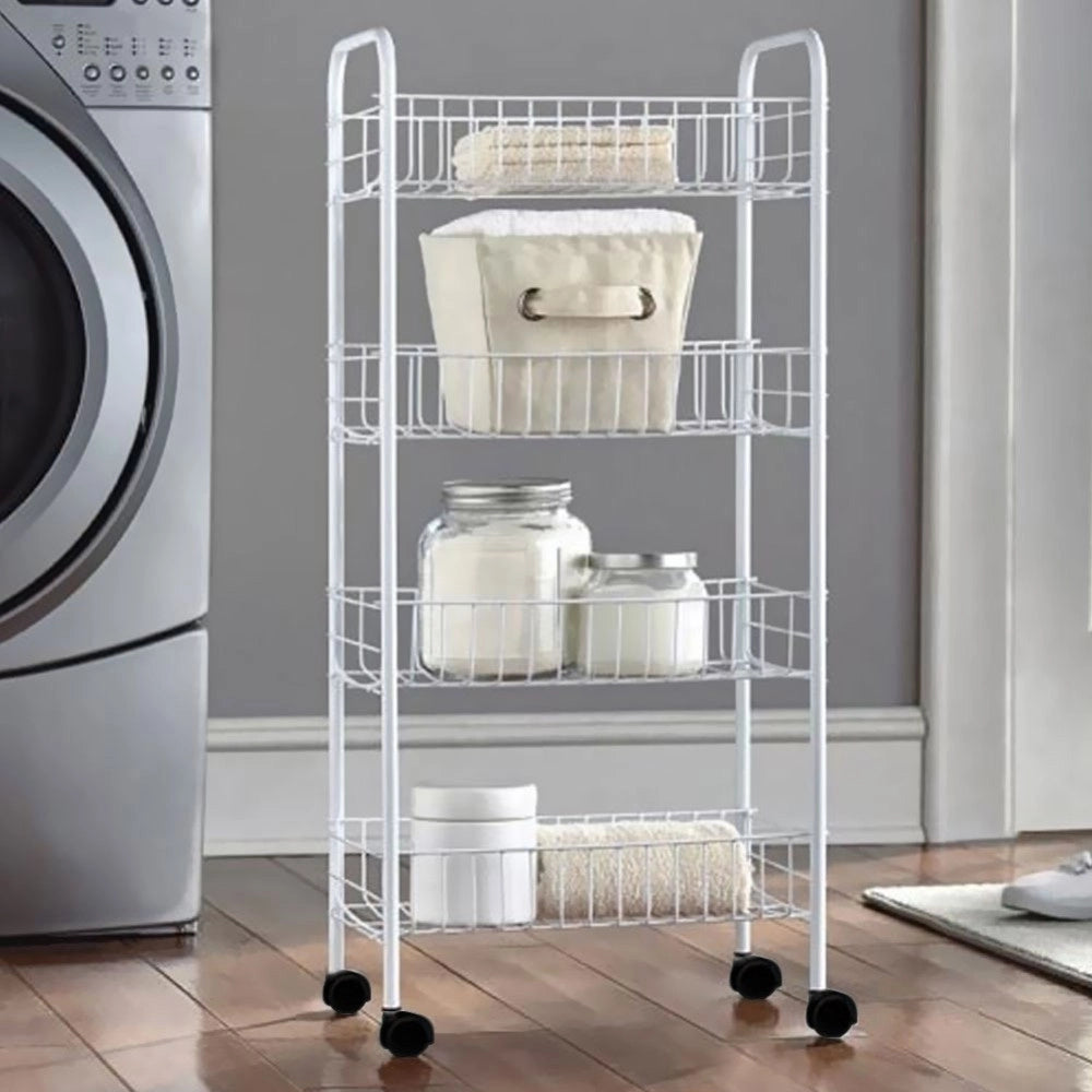 Trade Shop - Carrello 4 Ripiani In Metallo Bianco Con Ruote Soluzione Salvaspazio 81x37x26cm -