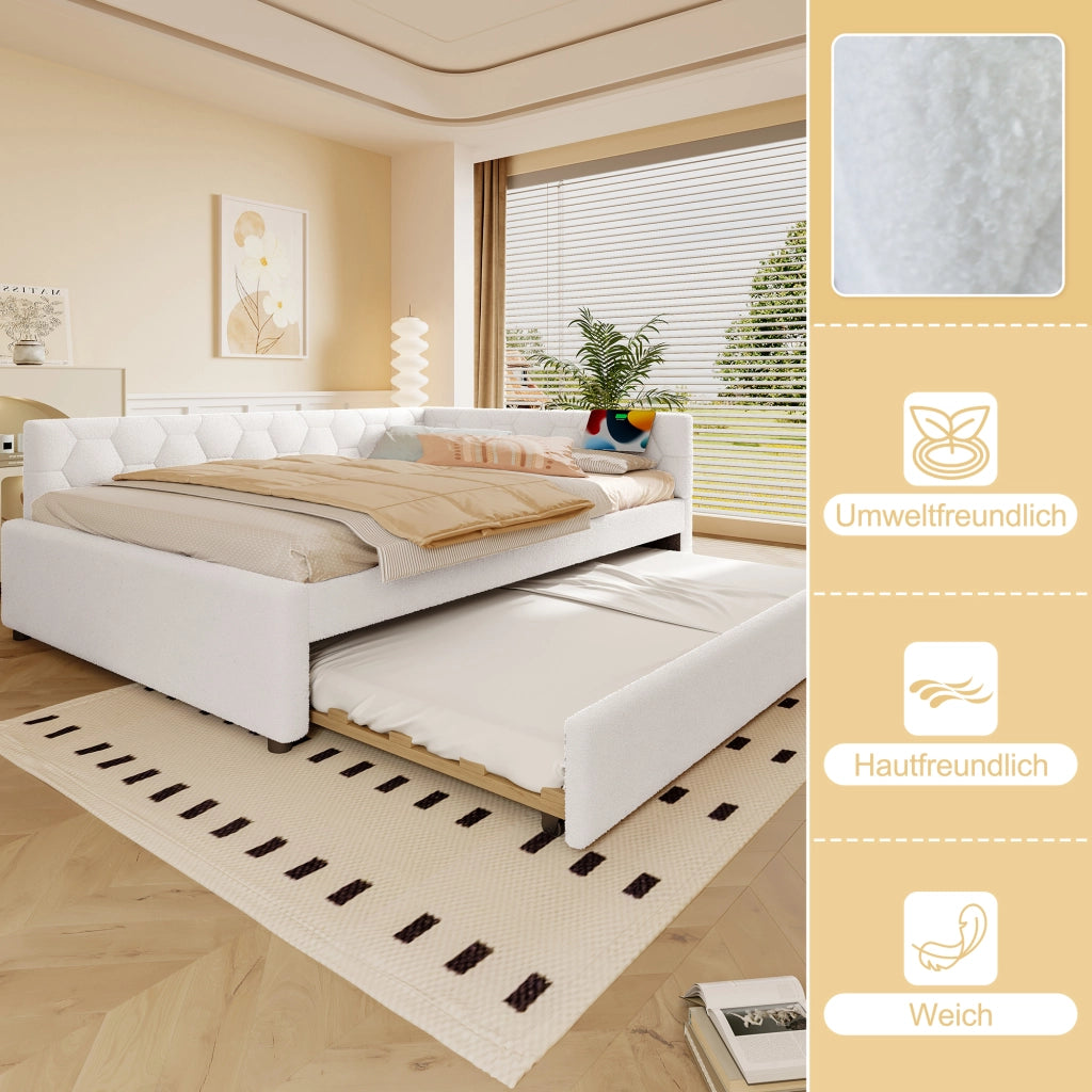 LETTO Daybed 140x200 cm bianco con letto estraibile, USB e Type-C