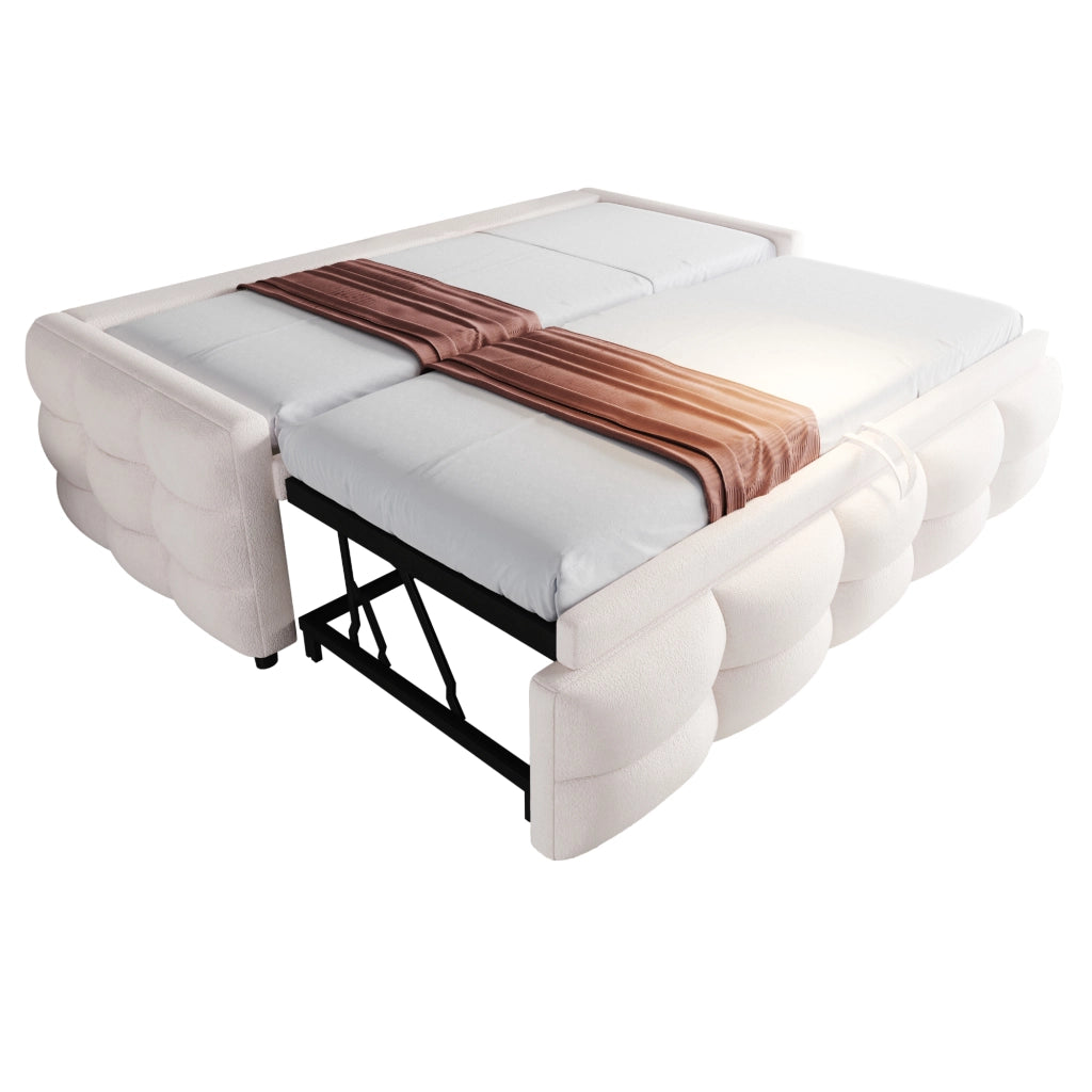 Letto imbottito combinato estraibile 90/180 x 190 cm in Teddy, beige, con rete a doghe, senza materasso