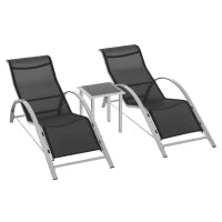 Set 2 Sdraio da Giardino e Tavolino con Vetro, Lettino Prendisole con Tessuto Traspirante 59 x 169 x 66cm, Nero Grigio
