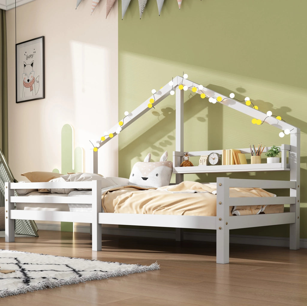 Letto a casetta per bambini 90x200 cm bianco con mensola