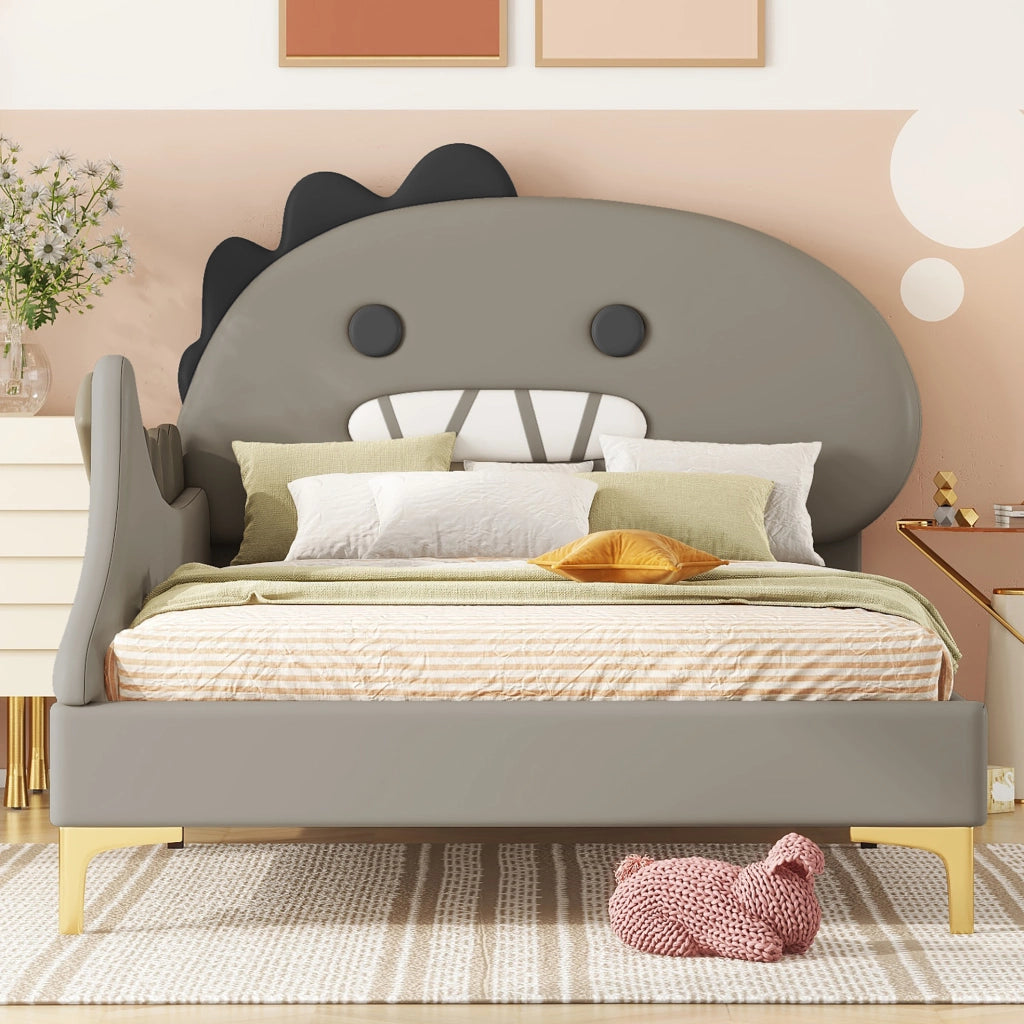 Letto per bambini a forma di dinosauro, 90x200 cm, in PU e MDF, colore grigio