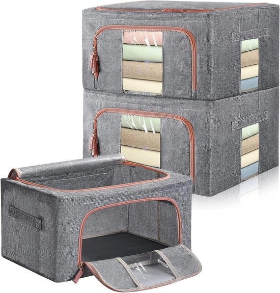 Scatola di stoccaggio con telaio in acciaio 24L - Set di 3 sacchi di stoccaggio per abbigliamento con doppia apertura zip - Tessuto di lino di cotone traspirante - Protezione contro la muffa - Set di 3 pezzi