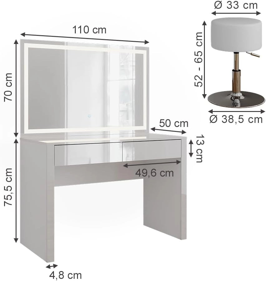 Tavolo da toilette Annabelle, Bianco lucido/bianco, 110 cm con specchio LED e sgabello, Tiene sempre a portata di mano i prodotti di uso quotidiano