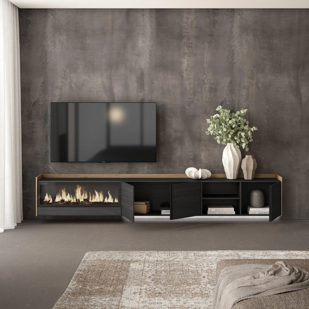 Mobile TV Soggiorno, 315x50x35 cm, Per TV fino a 80", Camino elettrico XXL, Sospeso, da appendere, LED, Nero e rovere