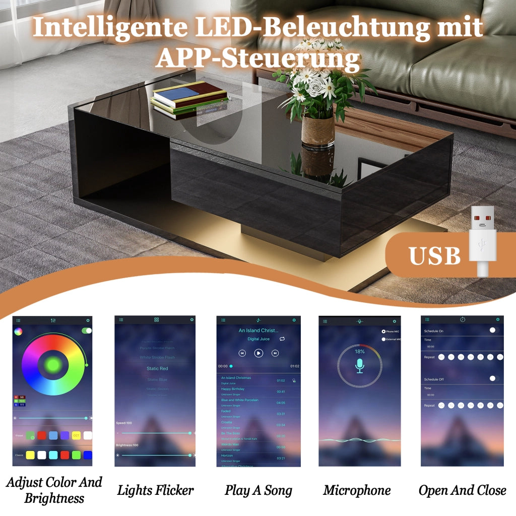 TAVOLINO DA SALOTTO 105x55x32,5 cm Nero Lucido con vetro e LED