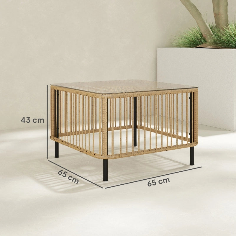 Tavolino da Giardino 65×65×43 cm con Piano in Vetro Temperato; Motivo Geometrico; in Rattan PE; Naturale