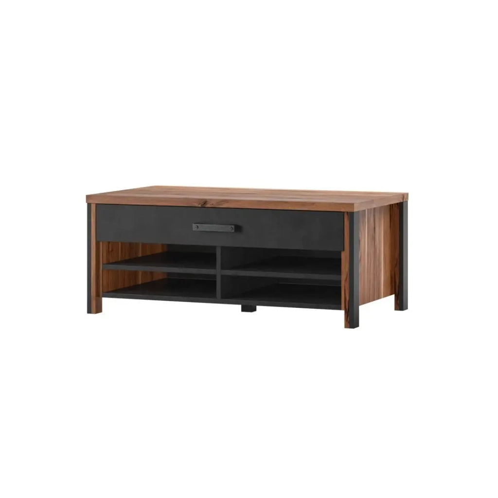 Tavolino WINDSOR - Rovere scuro e antracite - 1 cassetto, 4 nicchie - 107 x 44,8 x 60 cm