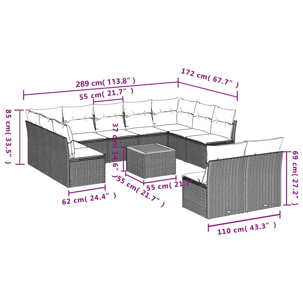 Set Divani da Giardino 12pz con Cuscini Nero in Polyrattan