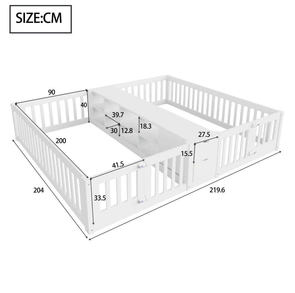 Letto per bambini doppio 90x200 cm in legno con scaffale centrale e 2 cassetti; bianco