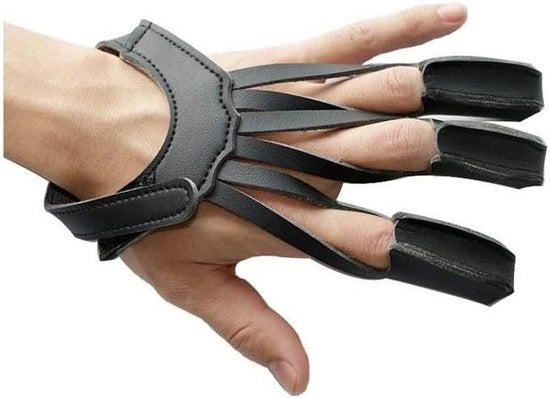 Protezione per compound boog - Kit di protezione per il polso con tre dita e cinturino in pelle - Nero - Abbigliamento da caccia - Protezione contro il tiro con arco compound
