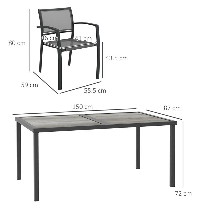 SET DA GIARDINO CON 6 SEDIE IMPILABILI IN TESSUTO A RETE E TAVOLO EFFETTO LEGNO, GRIGIO