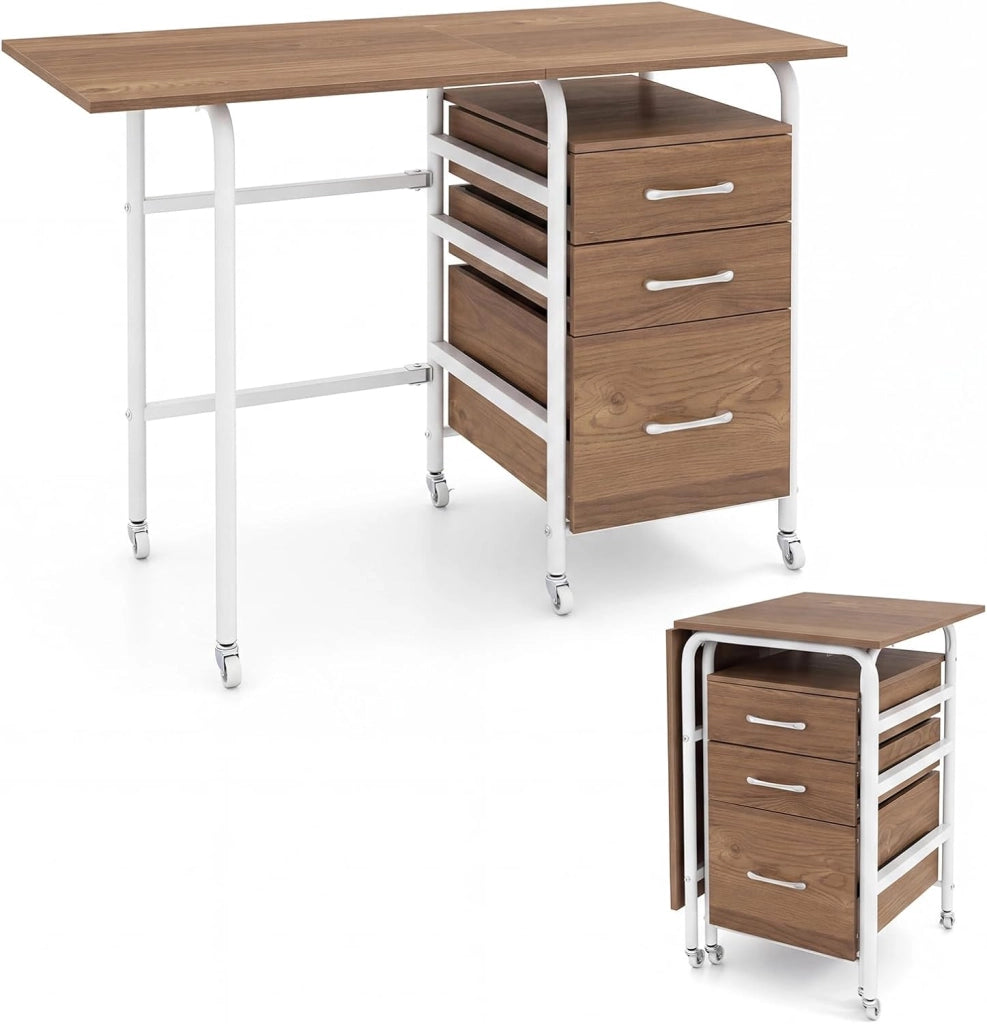 Scrivania Salvaspazio con 3 Cassetti e Ruote Bloccabili, Scrivania Porta PC Pieghevole con Struttura in Metallo per Studio e Ufficio, 105 x 50 x 75 cm, Portata 100 kg (Bianco)