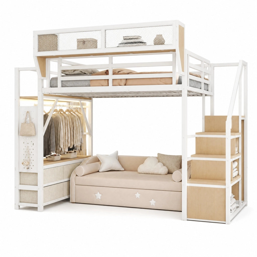 Letto a soppalco 140x200 cm in metallo bianco con LED; ripiani; cassetti in tessuto e scala contenitore