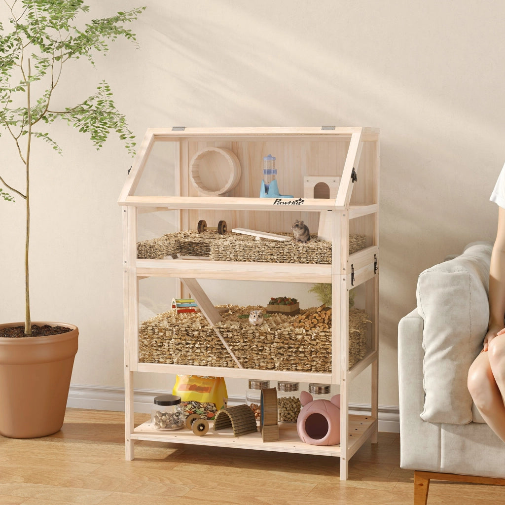 Gabbia Habitat per Criceti e Roditori 3 Piani ¨C Xylo ¨C Pannello Acrilico con Ruota 80x53x117cm
