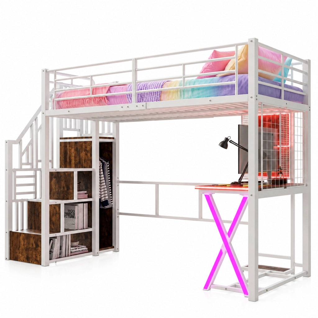 Letto a soppalco 90x200 cm in metallo e MDF con scrivania, guardaroba, scala contenitore e luci LED