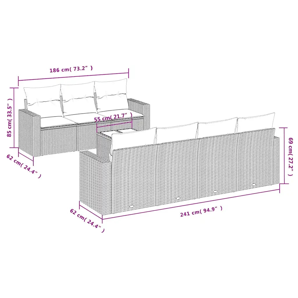 Set Divani da Giardino 8 pz con Cuscini Marrone in Polyrattan