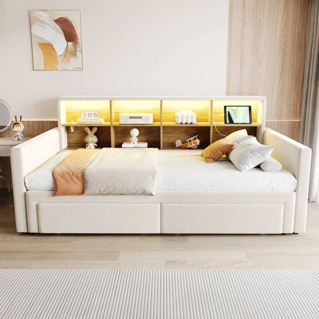 Letto imbottito estraibile 90x190 cm in velluto beige con testiera contenitore, luci LED, prese USB/Type-C, 2 cassetti e rete a doghe