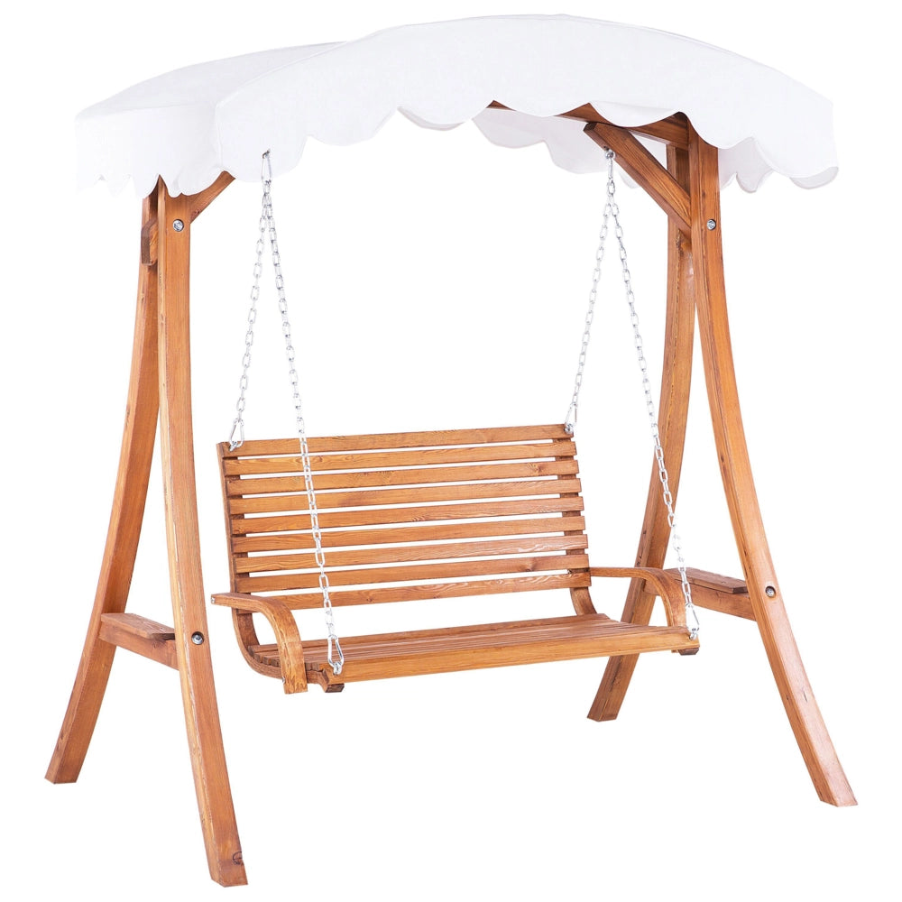 Dondolo da giardino con struttura in legno di larice in tessuto bianco da esterno a 2 posti con baldacchino autoportante
